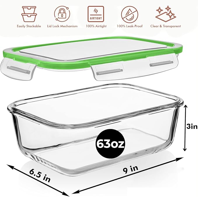 Razab 4 PC 1860ml / 63 Oz / 8 Cups Large Glass Food Storage Containers - Image 3