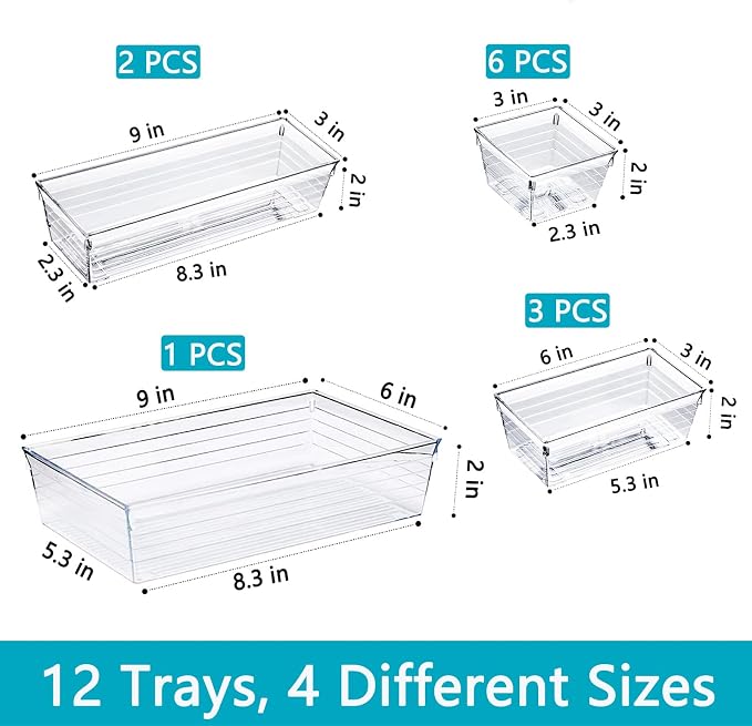DCA 12 Pack Clear Drawer Organizer, 4 Sizes Makeup organizer, Vanity Organizer - Image 6