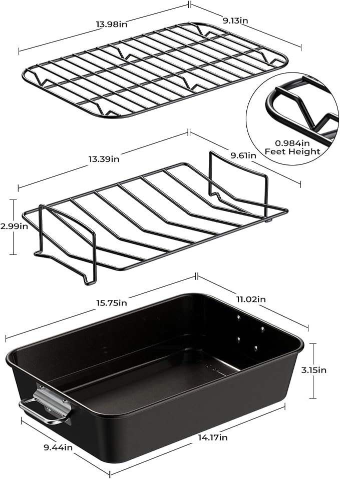 Turkey Roasting Pan with Rack Non stick Carbon Steel Roaster 16x11 Inch - Image 2