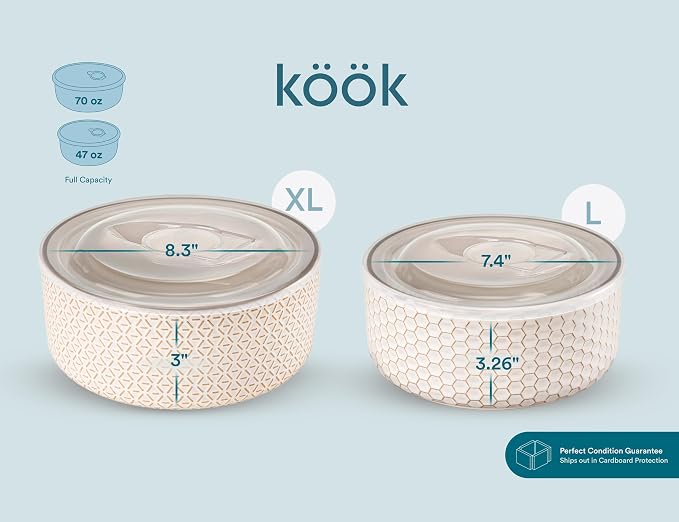 KooK Serving Bowls, with Lids, Ceramic Nesting Bowls, Microwave and Dishwasher - Image 8