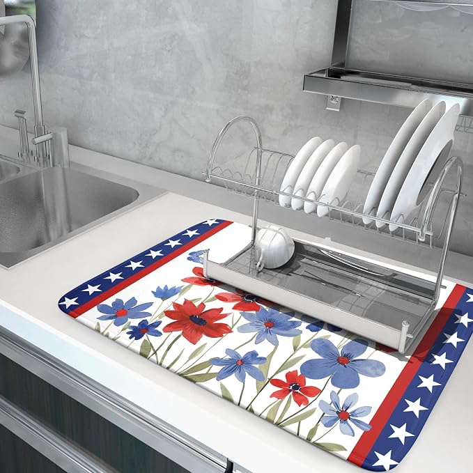 Giwawa 4th of July Flower Dish Drying Mat 18"x24" Independence Day Stars Dish - Image 5