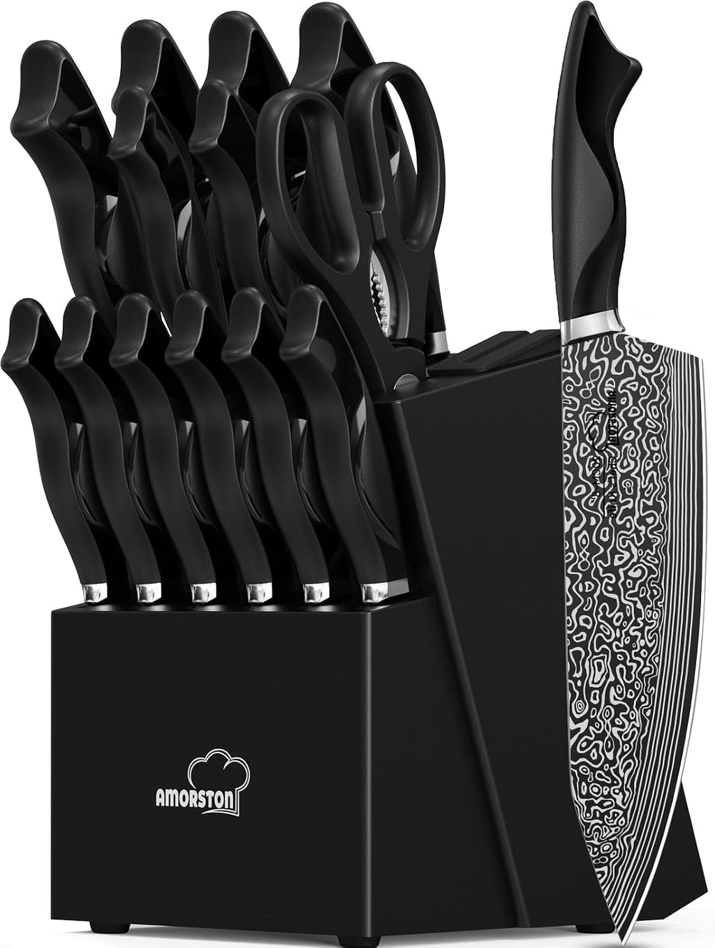 Knife Set, 15 Pieces Kitchen Knife Set with Built in Sharpener, High