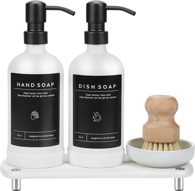 Kitchen Soap Dispenser Set - 16OZ White Glass Bottle by ORCHID+HOME