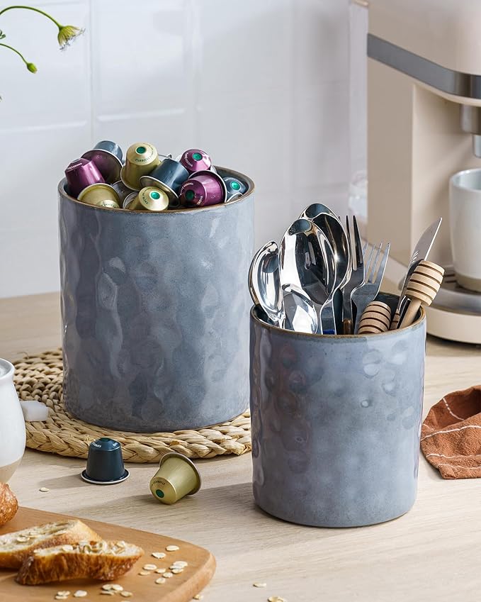 famiware Ocean Utensil Holder, 7.2"+5.8" Ceramic Kitchen Utensil Holder - Image 3