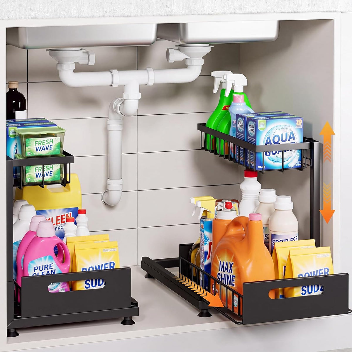 2-Pack L-Shaped Under Sink Organizer, 2-Tier Pull-out Cabinet Rack