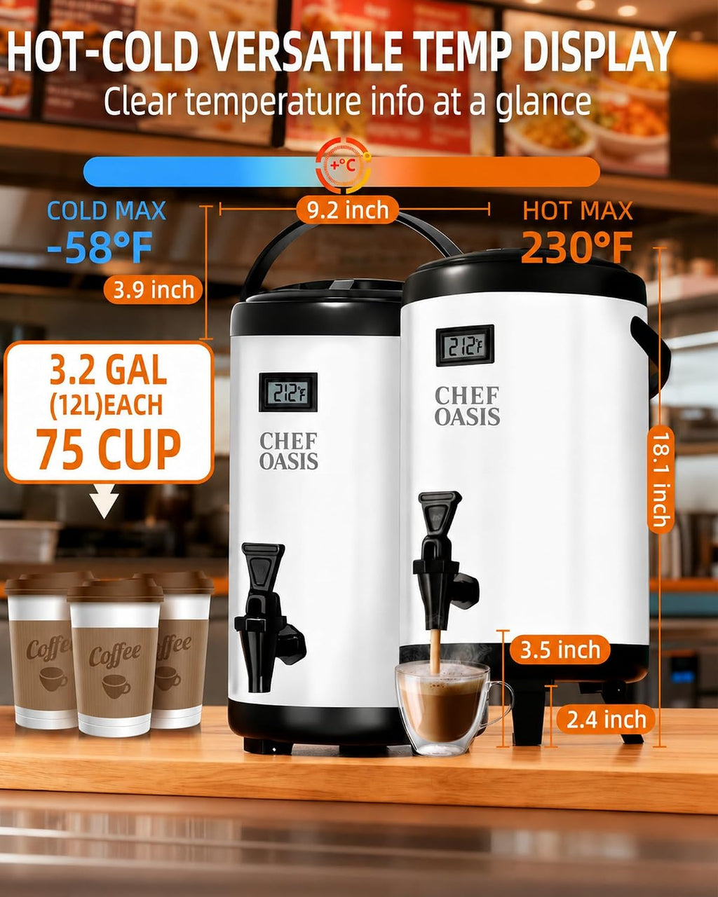 Insulated Beverage Dispenser 3 Gallon,Hot&Cold Drink Dispenser with