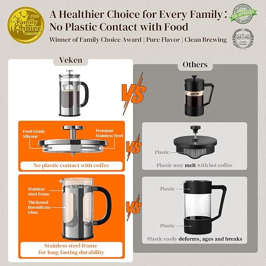 Veken French Press Coffee Maker 34oz 1 L, No Plastic Touching Cafe, Heat - Image 2