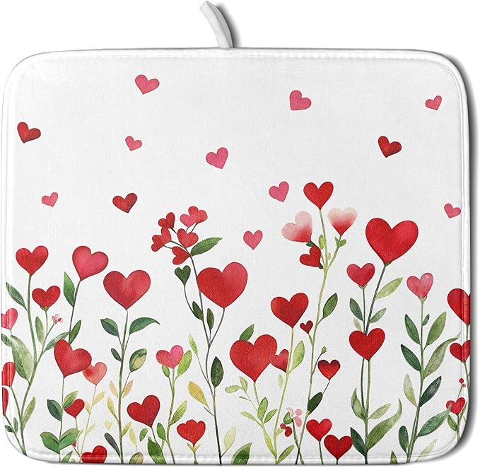 Valentines Day Dish Drying Mat for Kitchen Counter 18x16 Inch Green Red Heart by Trongr