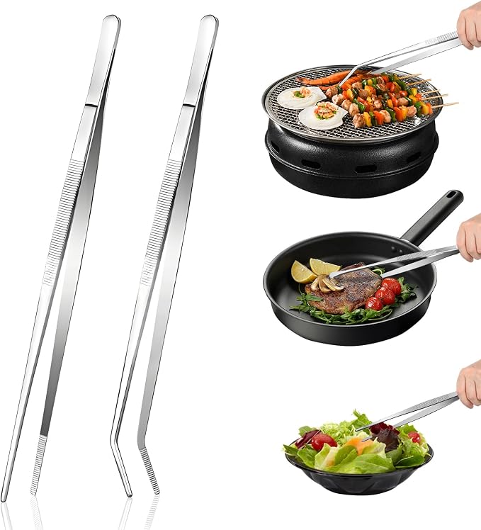 2-Piece Kitchen Tongs Set: Straight & Curved Edge Stainless Steel Non-Slip Grip by HomePage