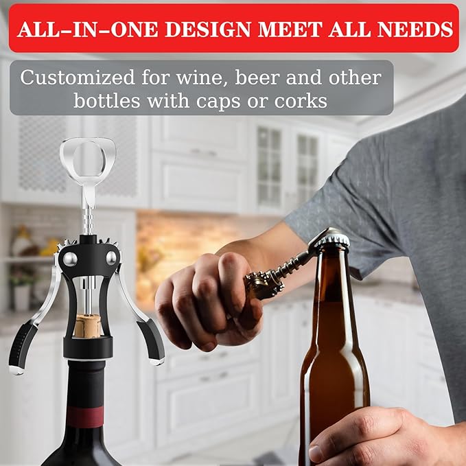 KORCCI Wine Opener, Heavy-Duty Zinc Alloy Wing Corkscrew, Premium Beer Bottle - Image 4