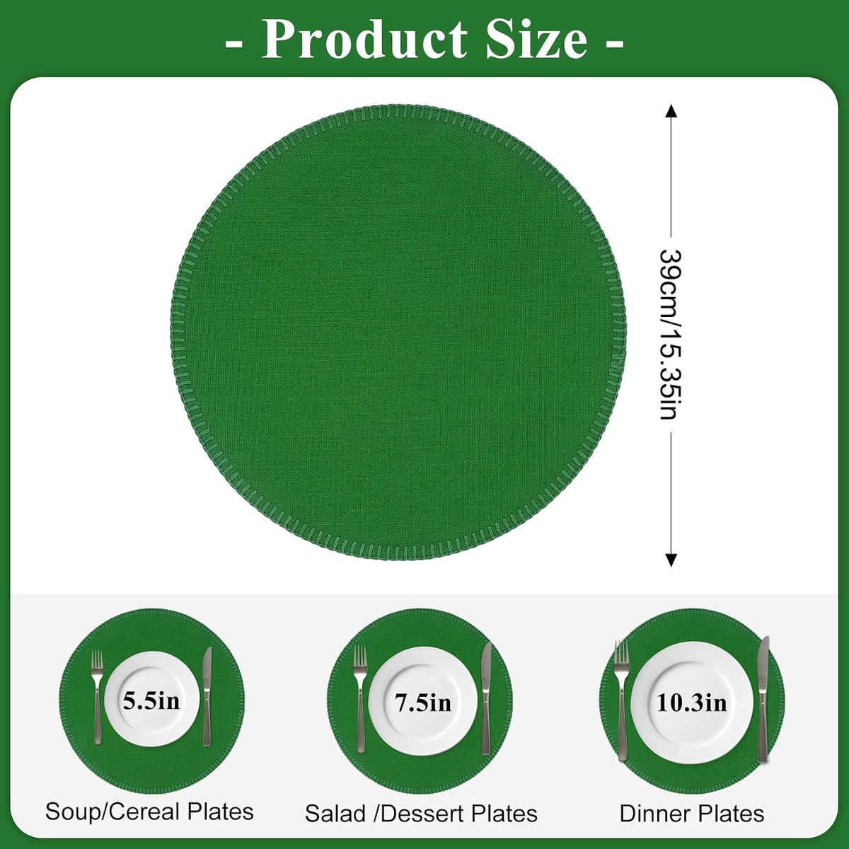 15" Round Placemats Set of 6, Faux Linen Cloth Place Mats, Green
