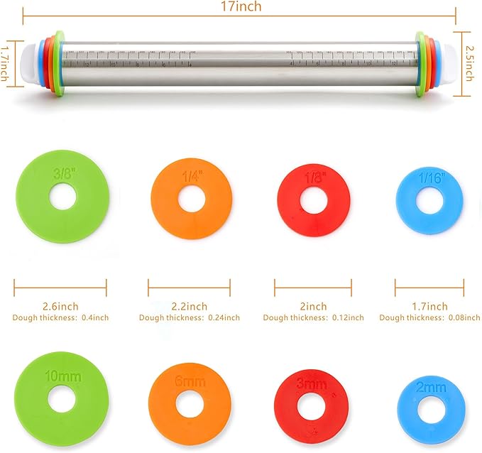 Rolling Pin with Thickness Rings, Fulimax 17" Adjustable Stainless Steel - Image 4