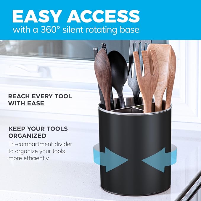 Cooler Kitchen Black Rotating Extra Large Stainless Steel Utensil Holder Caddy - Image 2