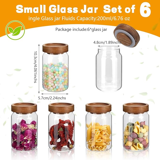 6oz Small Glass Jars with Wood Lid Spice Jar Round Food Storage Canister Clear - Image 2
