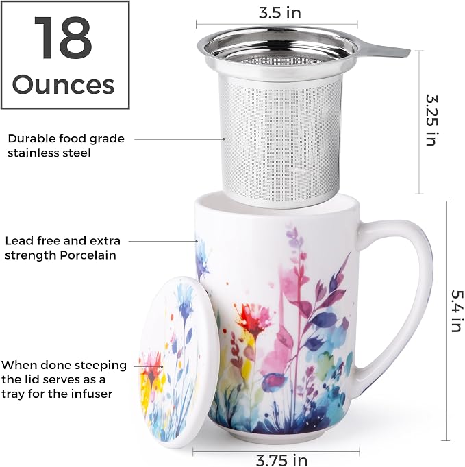 AmorArc Porcelain Tea Mug with Infuser and Lids, 18 Oz Large Cup Strainer with - Image 2