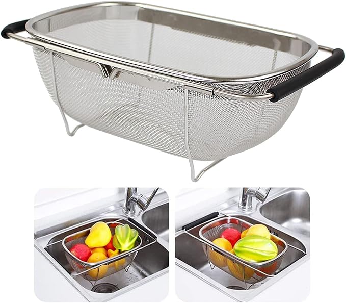 AJIODA Over The Sink Colander, 4 Quarts Stainless Steel Oval Colander by AJIODA