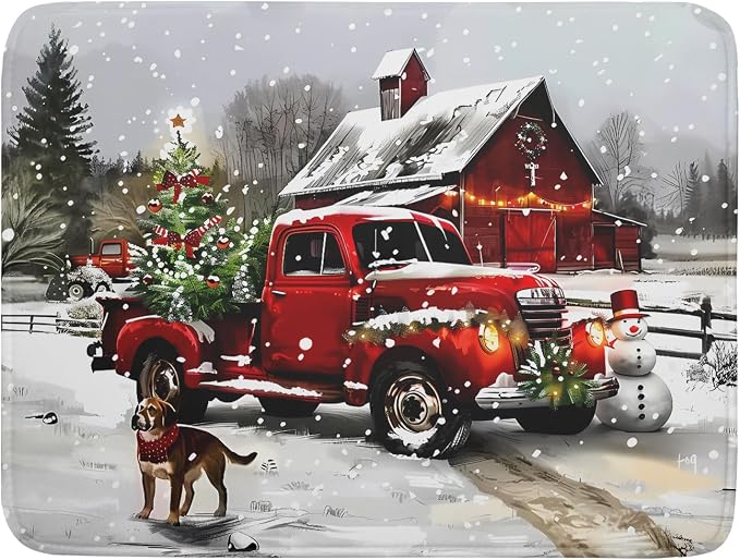 Christmas Red Truck Dish Drying Mat by Aytipun