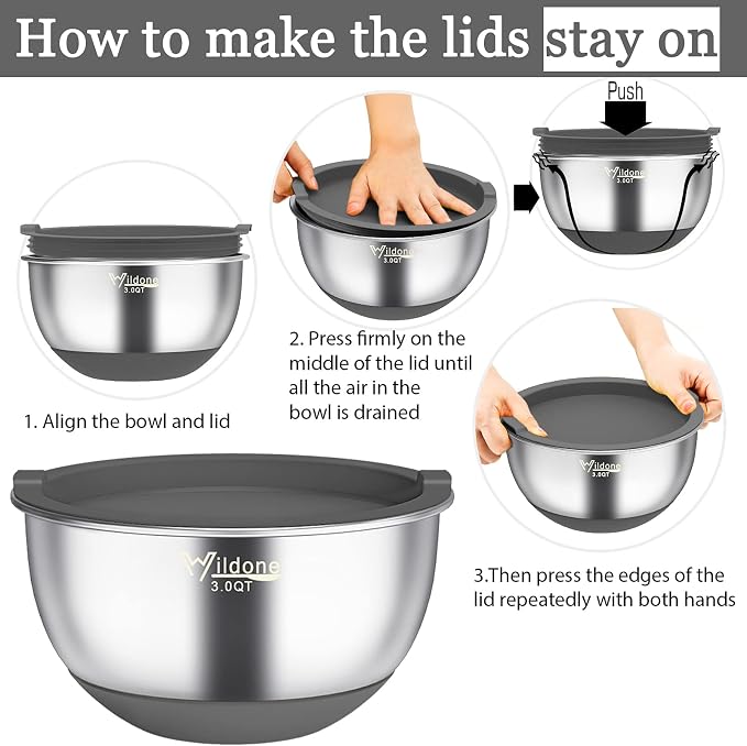 Wildone Mixing Bowls with Airtight Lids, 3 Grater Attachments, Measurement - Image 7