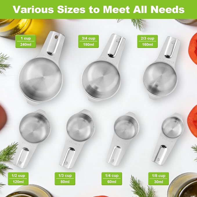 Stainless Steel Measuring Cups Set of 7, Stackable Measure Cups Kitchen Gadgets - Image 2