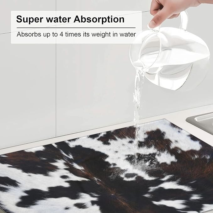 Cow Print Dish Drying Mat Animal fur Black Brown White Classic Drying Rack Pad - Image 5
