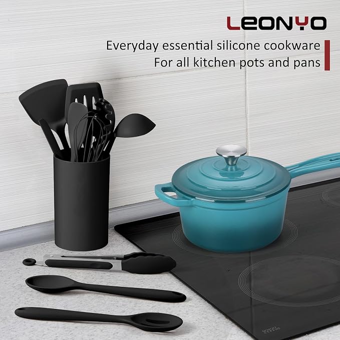 Silicone Cooking Utensils Set of 10, Leonyo Black Kitchen Utensils Set - Image 6