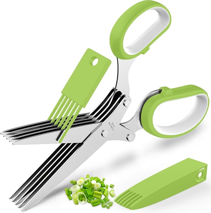 Herb Scissors with 5 Blades and Cover, Kitchen Herb Cutter with Cleaning Comb by POROMI