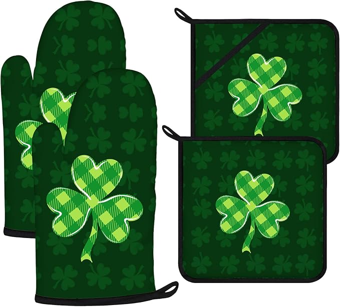Green Clover Oven Mitts and Pot Holders Sets 4Pcs, Extra Long Oven Gloves by VisittheDuibelproduct