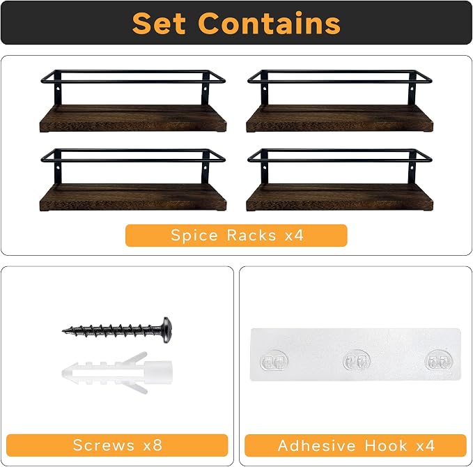 4-Tier Wall Mount Spice Rack Organizer- Screw/Adhesive Mount, 11.6”L x 2.4”W x - Image 2
