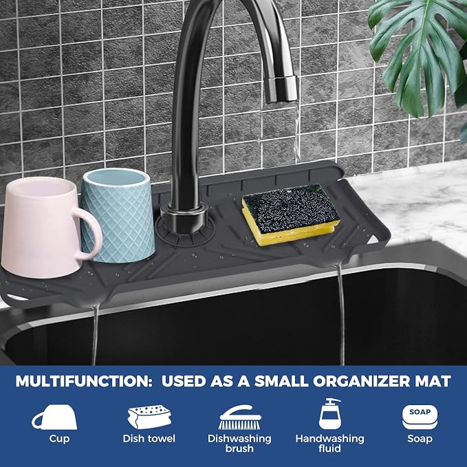 2 Pcs Silicone Faucet Handle Drip Catcher Tray Mat, 2 in 1 Dish Soap Sponge - Image 3