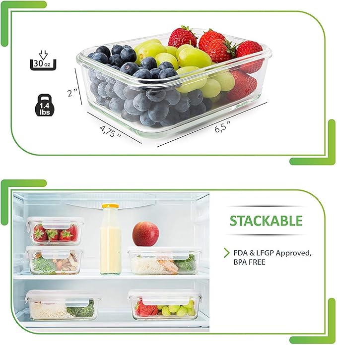PrepNaturals 5 Pack 30 Oz Glass Meal Prep Containers - Image 6