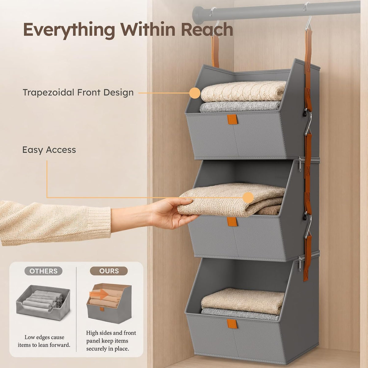 Hanging Closet Organizer, Modular 4-in-1 Hanging Shelves, Grey
