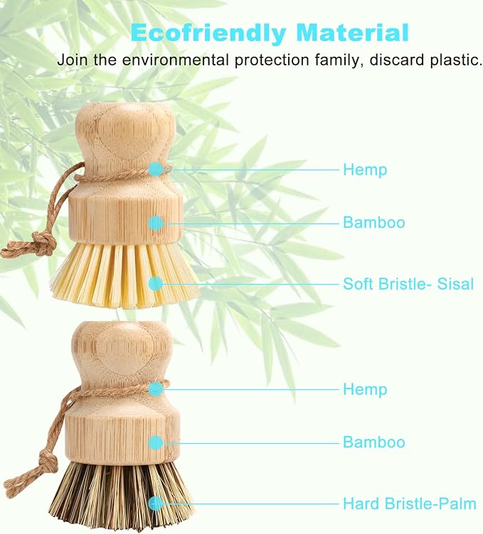 Bamboo Dish Brush Set, Dish Brushes, Durable Wood Dishes Scrub Brush, Natural - Image 3