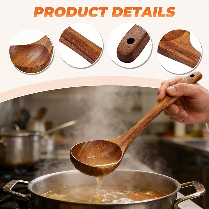 Wooden Ladle, Natural Acacia Wood Soup Spoons - Image 3