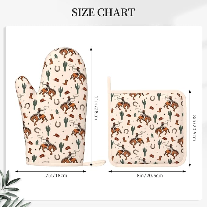 Western Cactus Cowboy Boho Silicone Oven Mitts Pan Mats Set of 2, Heat - Image 3