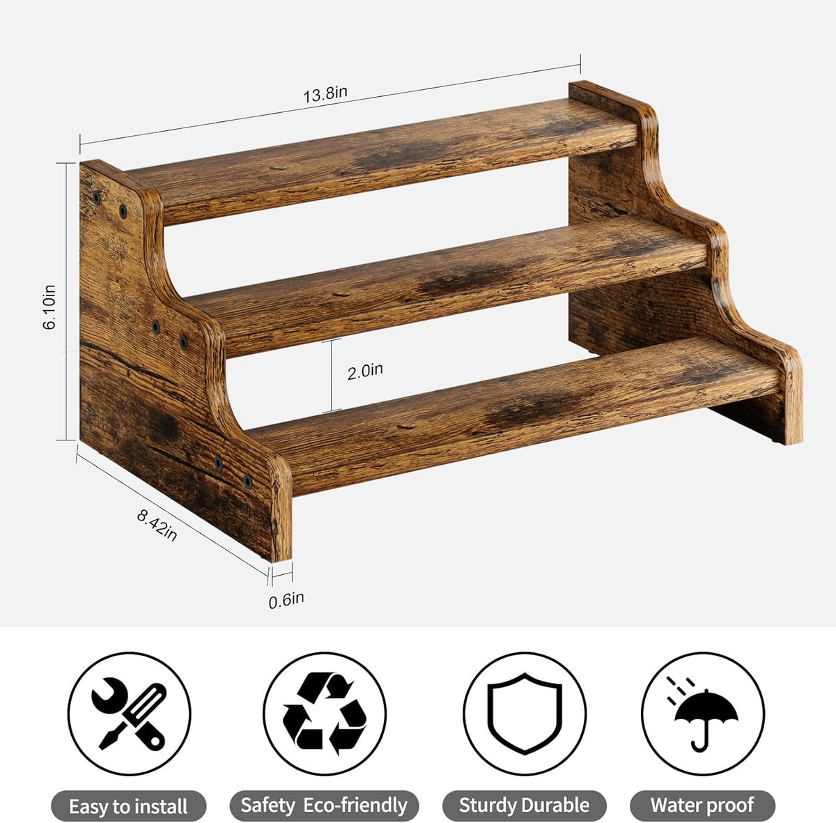 KLM 3-Tier Spice Rack, 13.8 Inch Wood Step Shelf Countertop Spice