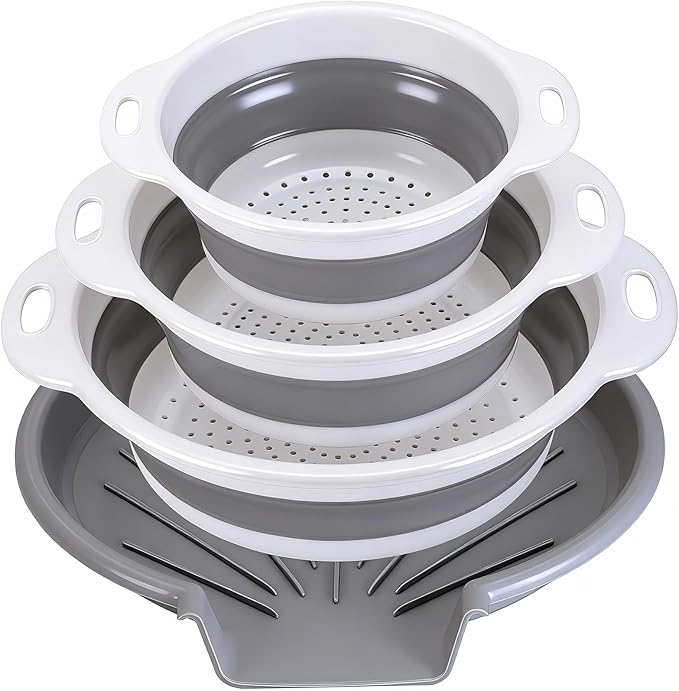 Collapsible Colander Set with Oversized Draining Tray | 3-Pack Foldable Kitchen by CLUREN