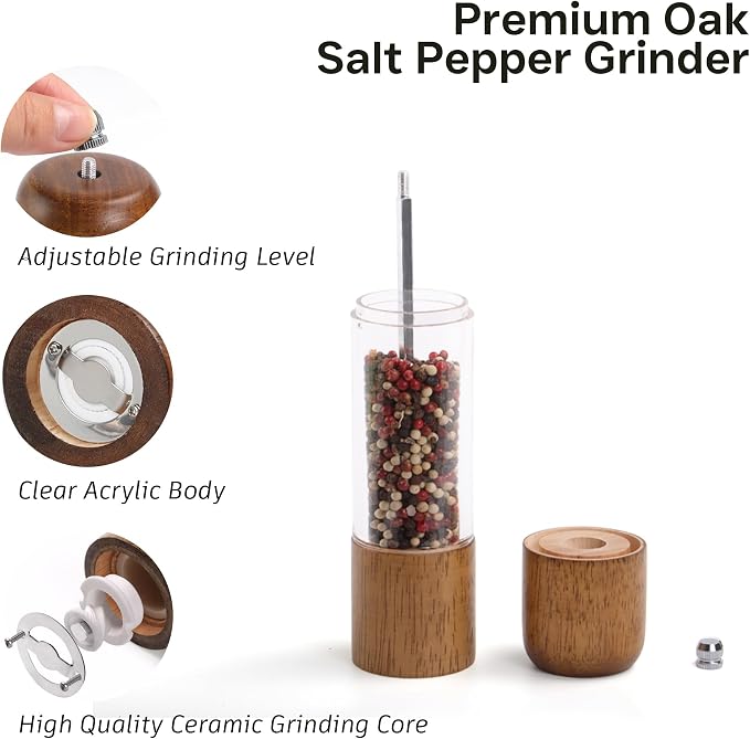 Wooden Salt and Pepper Grinder Set, Premium Oak Wood Salt Grinders Shakers - Image 2