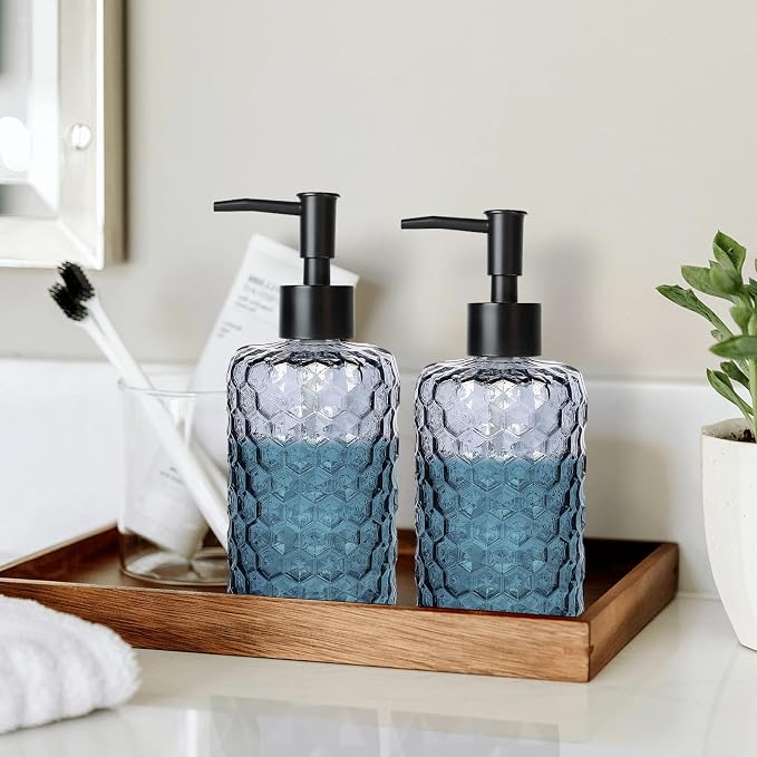 Clear Charcoal Blue Glass Soap Dispenser - Image 4