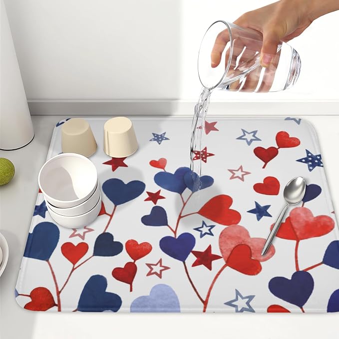 4th of July Dish Drying Mat for Kitchen Counter Patriotic Red Blue Star Love - Image 6