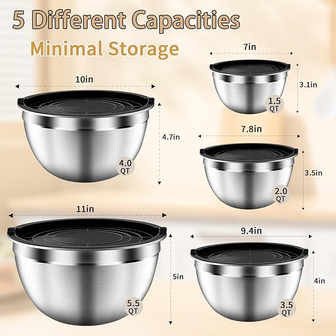 Mixing Bowls with Airtight Lids Set, Large Prep Metal Mixing Bowls - Image 3