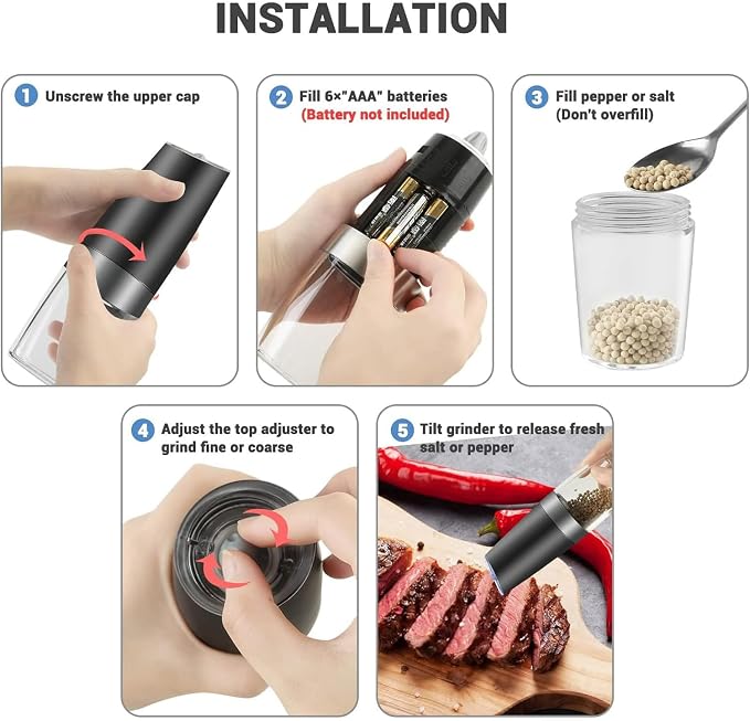 Gravity Electric Salt and Pepper Grinder Set, Battery Powered LED Light One - Image 8