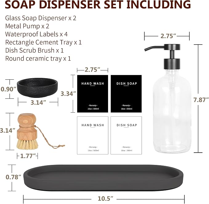 Ronasip Set of 5 Kitchen Soap Dispenser Set 16 Oz Glass Hand Dish Soap Dispenser - Image 5