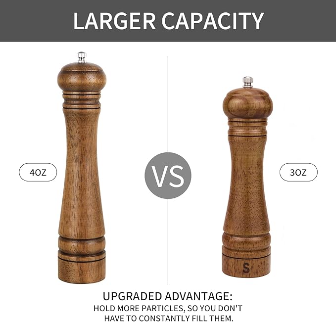 1Pack Wood Pepper Grinder, XWXO 10 Inch Salt Mill Pepper Shaker, Pepper Mill - Image 2