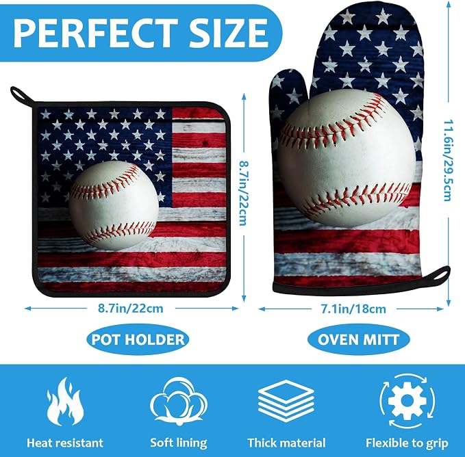 American Flag Baseball Oven Mitts and Pot Holders Sets Heat Resistant 4Pcs - Image 2
