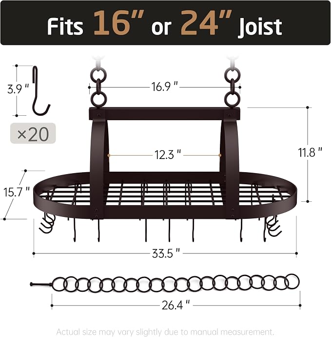 KES 34 Inch Oiled Bronze Hanging Pot Rack, Heavy Duty Oval Pot and Pan Hanging - Image 7