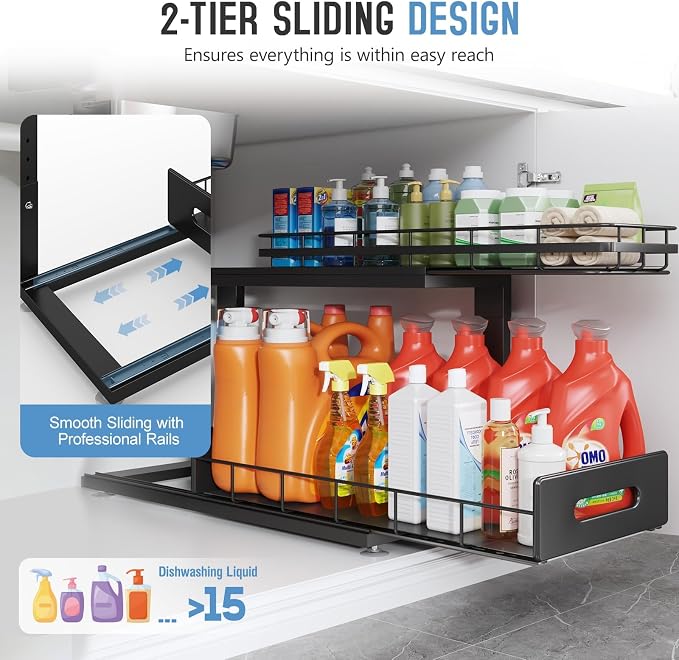 Under Sink Organizer Upgrade To Professional Rails, 2-Tier Dual Pull Out - Image 5