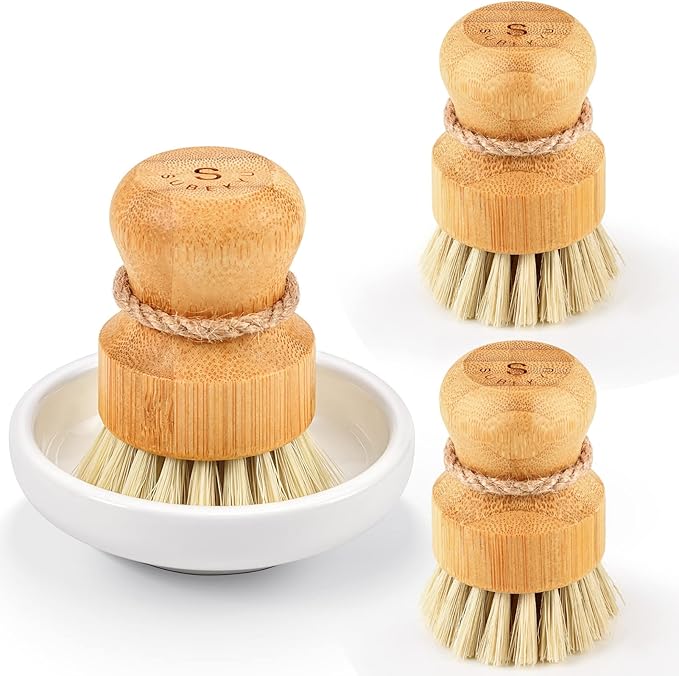 Bamboo Dish Scrub Brushes, Kitchen Wooden Cleaning Scrubbers Set by SUBEKYU