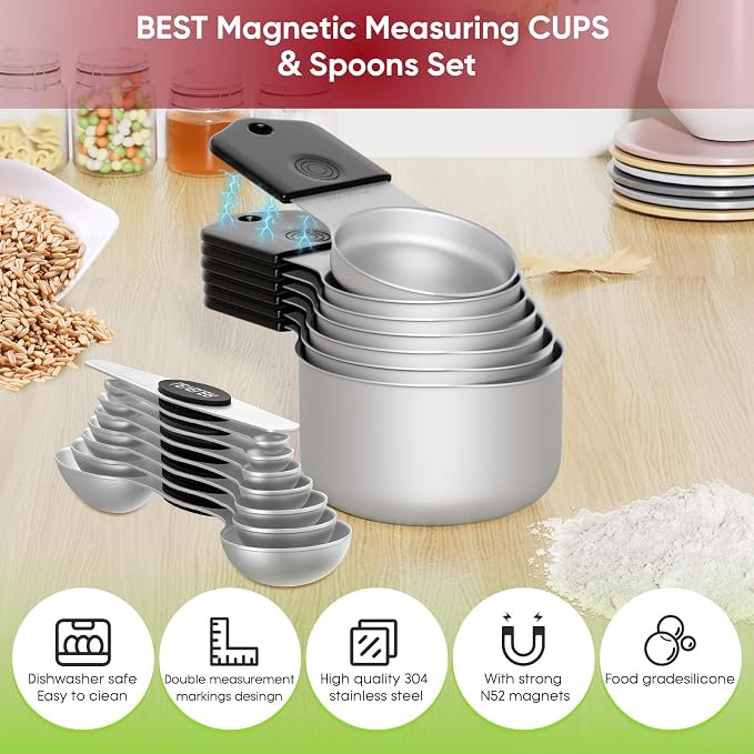 Magnetic Measuring Cups & Spoons Set|304 Stainless Steel Dual Scale Set of 15 - Image 2