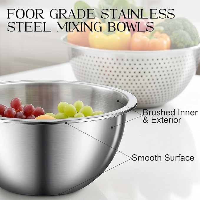 DUTZUN Heavy-Duty Stainless Steel Mixing Bowls Set of 5 plus 3QT Colander - Image 3