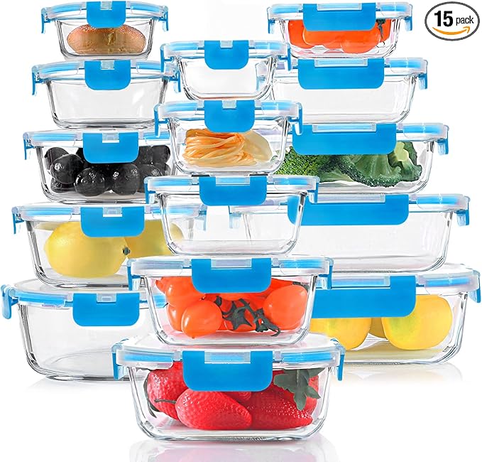 30 Pieces Glass Food Storage Containers, Meal Prep Set by KOMUEEUS